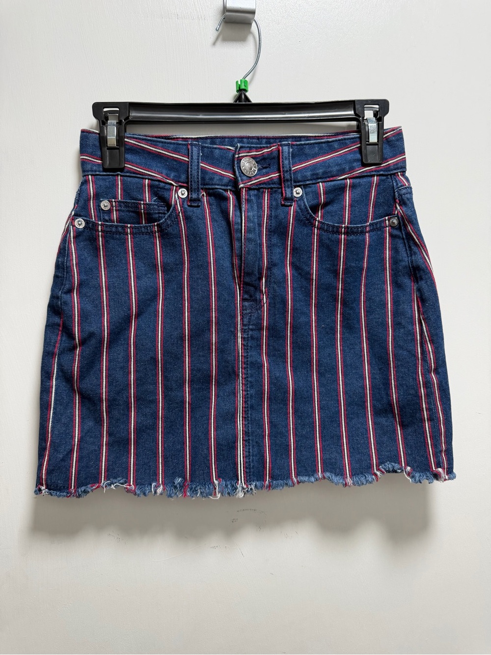 American Eagle Striped Denim Mini Skirt High Rise Stretch Raw Hem Size 00 Y2K